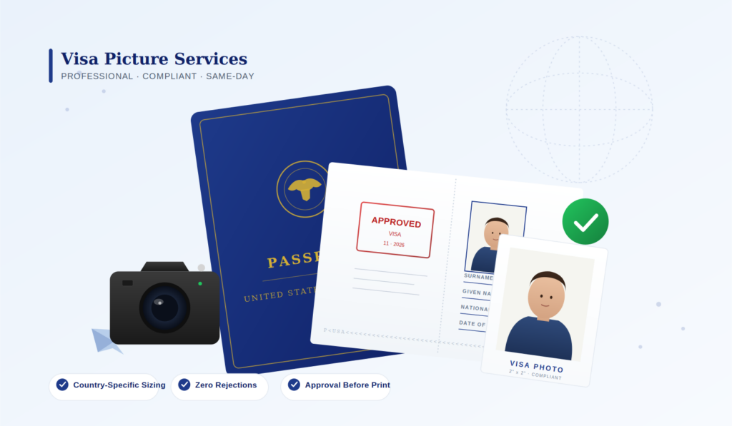 Professional visa picture services in NYC showing a US passport, approved visa stamp, and compliant sized visa photo by Best Same Day Passport & Visa Services NYC